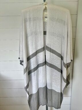 Kinross 100% Linen Open Cardigan Wrap NWT One Size Coastal Gray White Stripe
